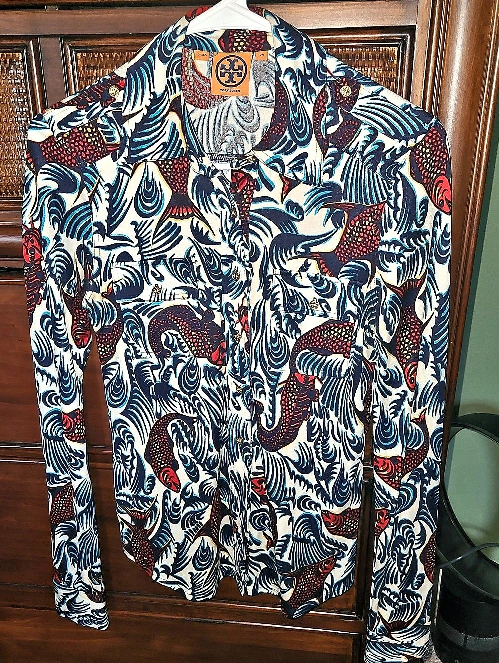Tory Burch Printed Koi Fish Button Down Shirt Blue & White XS